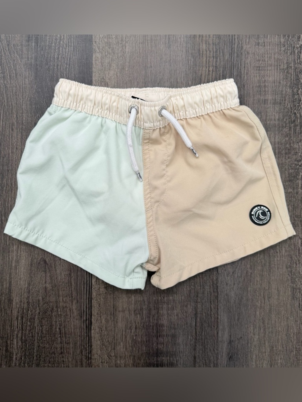 Kids Two-Tone Mint & Beige Swim Trunks with Drawstring